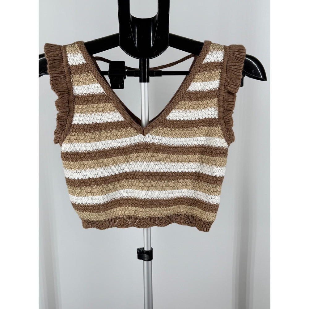 Madden NYC Brown Striped Ruffle Knit Cropped Sweater Vest Small